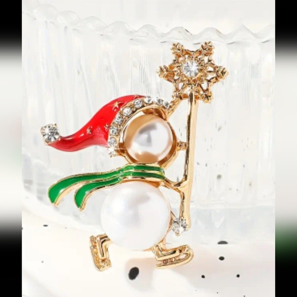 Brooch Christmas Pearl Body Snowman Pin Rhinestones  Gold Tone ice skating - Picture 1 of 4